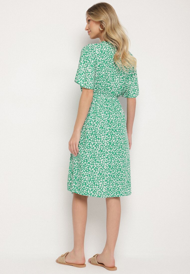 defox Rochie verde din bumbac evazată cu imprimeu floral Aramine