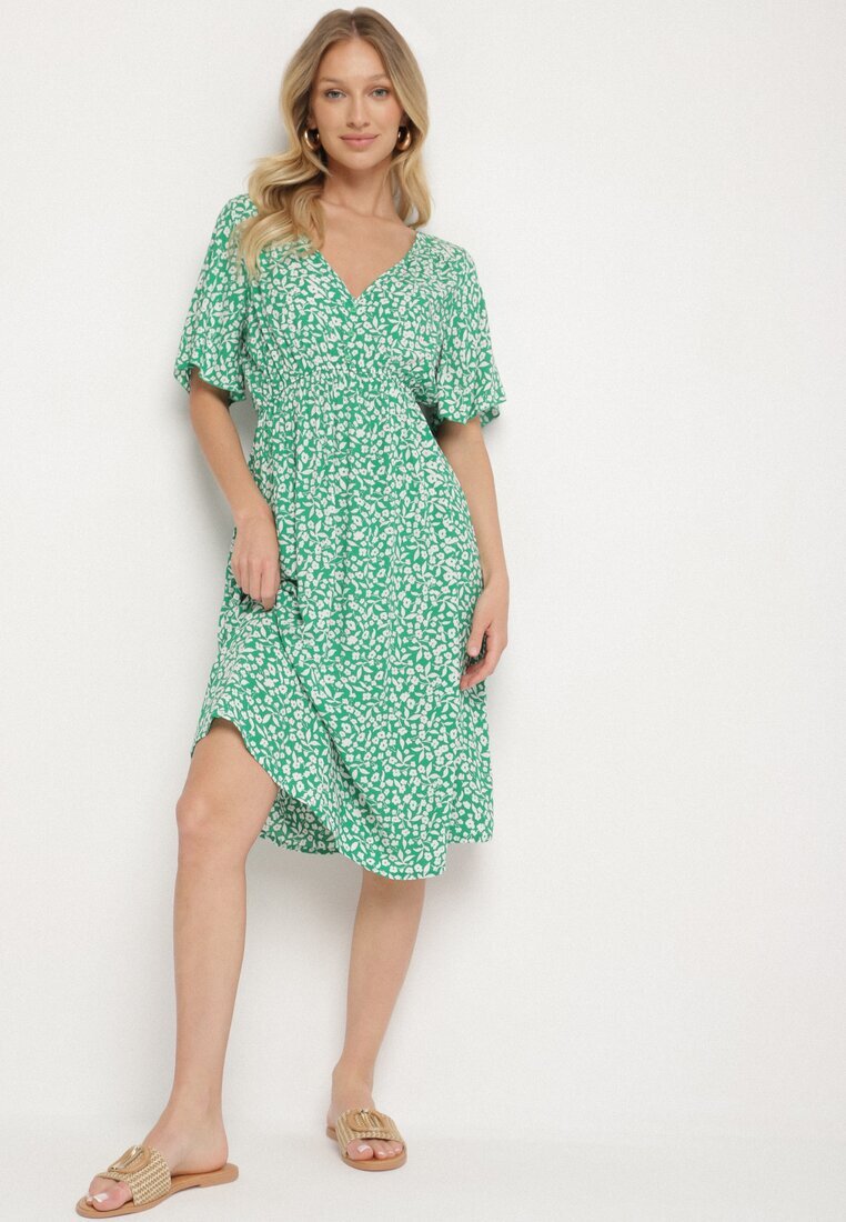 defox Rochie verde din bumbac evazată cu imprimeu floral Aramine