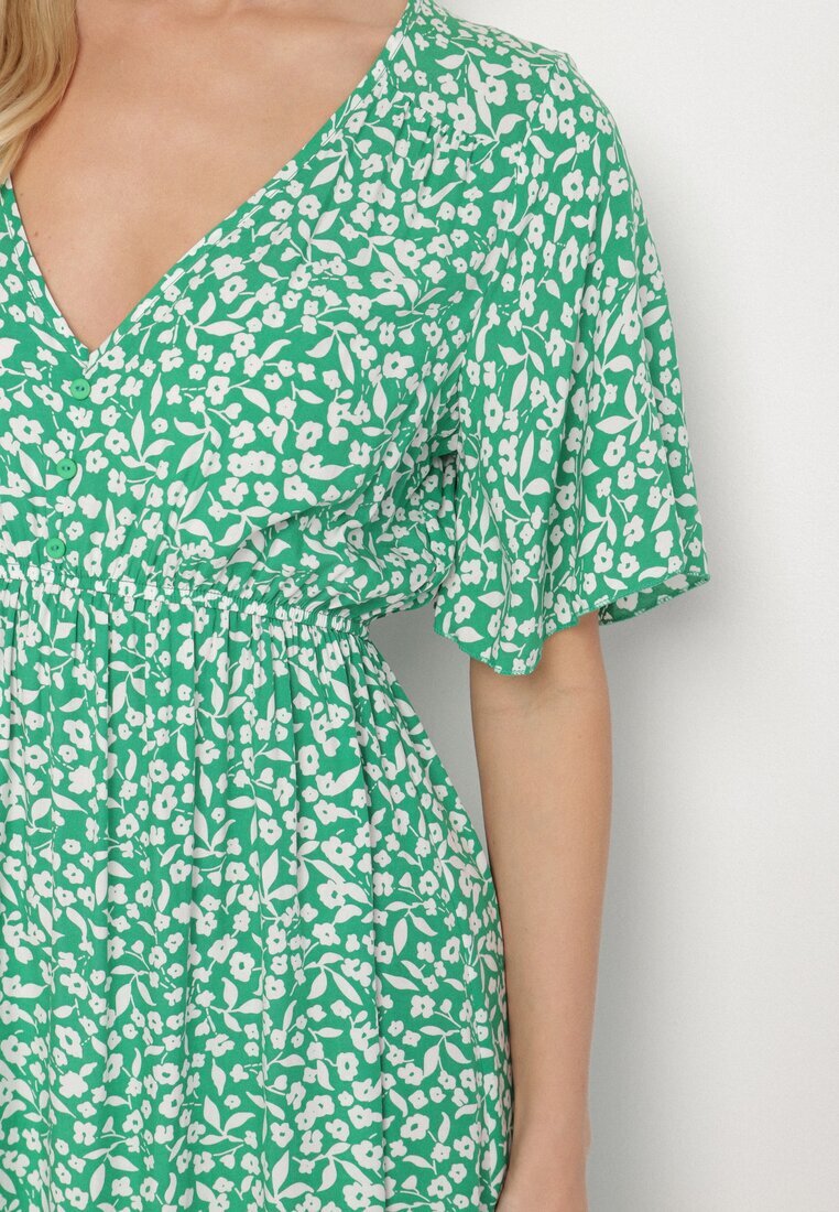 defox Rochie verde din bumbac evazată cu imprimeu floral Aramine