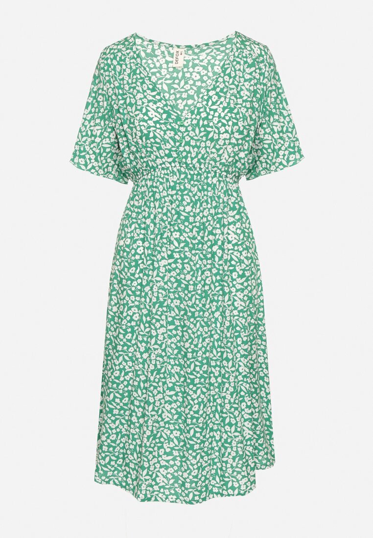 defox Rochie verde din bumbac evazată cu imprimeu floral Aramine