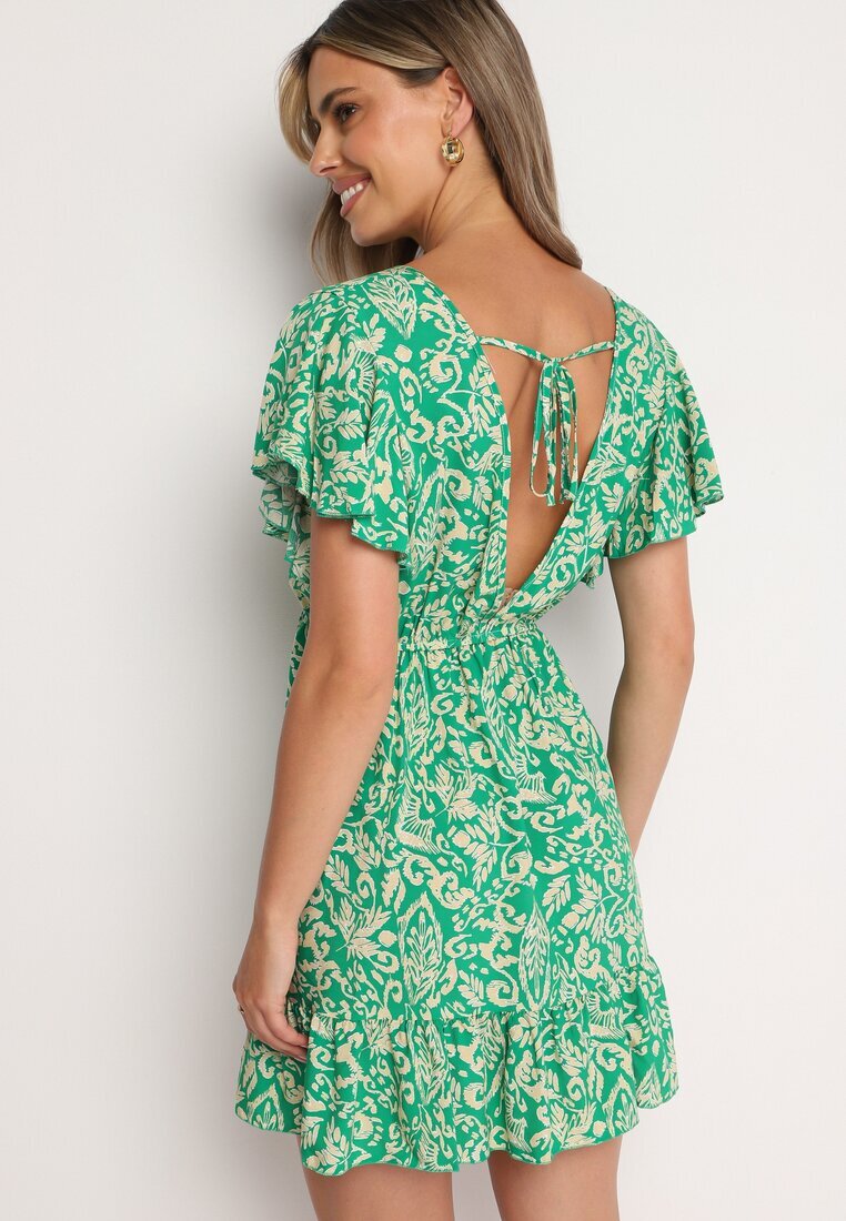 defox Rochie Verde Evazată Din bumbac cu elastic în talie și volane Nelsea