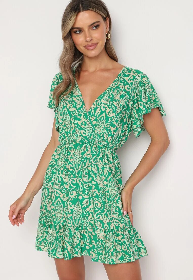 defox Rochie Verde Evazată Din bumbac cu elastic în talie și volane Nelsea