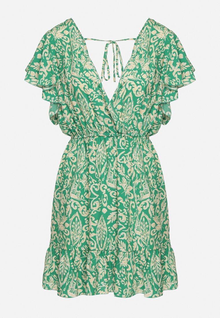 defox Rochie Verde Evazată Din bumbac cu elastic în talie și volane Nelsea