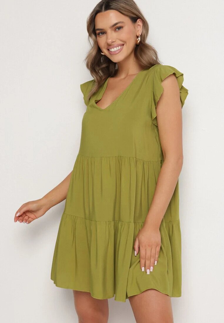defox Rochie Verde Evazată din Bumbac Decorată cu Volane Natiriane