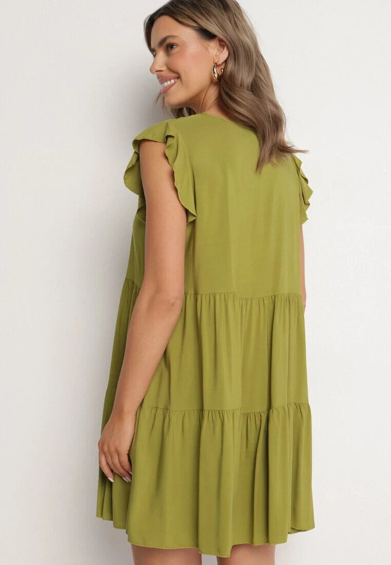 defox Rochie Verde Evazată din Bumbac Decorată cu Volane Natiriane
