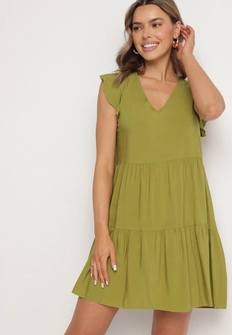 defox Rochie Verde Evazată din Bumbac Decorată cu Volane Natiriane