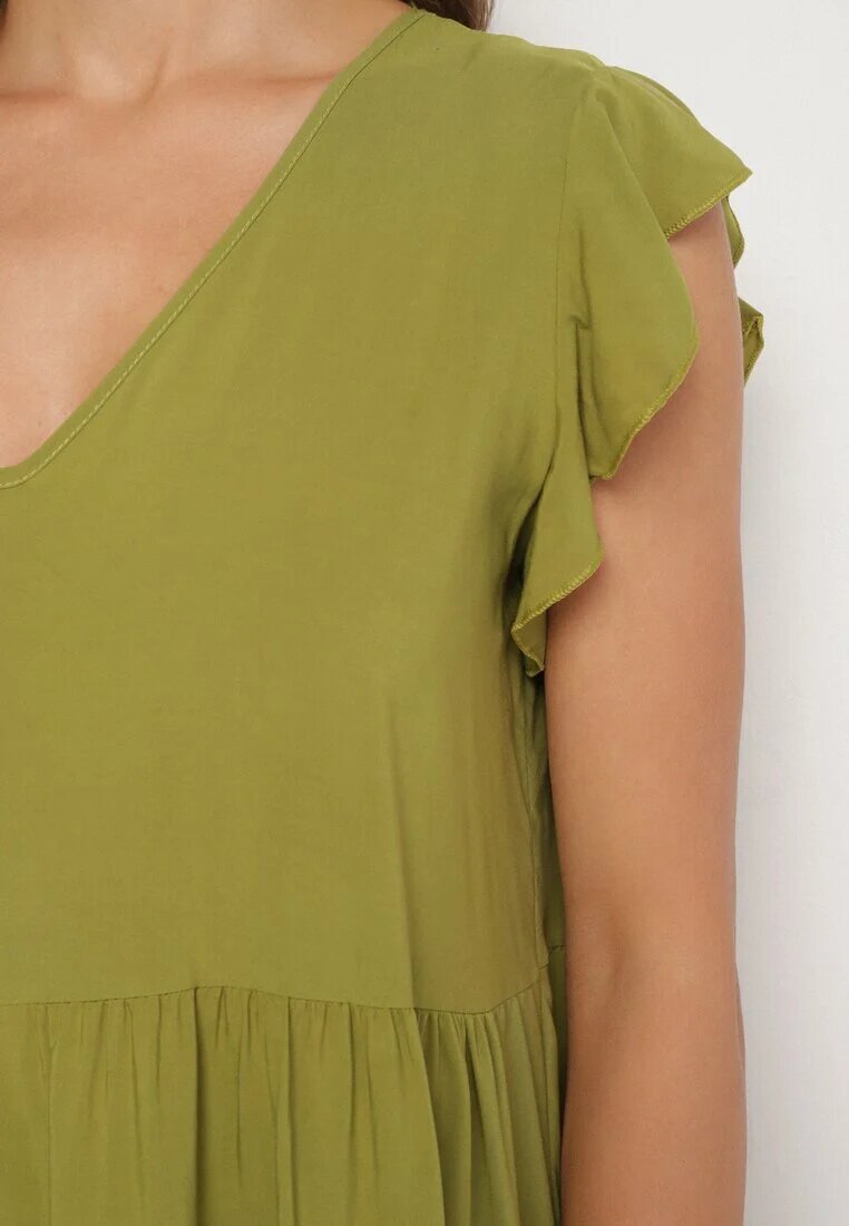 defox Rochie Verde Evazată din Bumbac Decorată cu Volane Natiriane