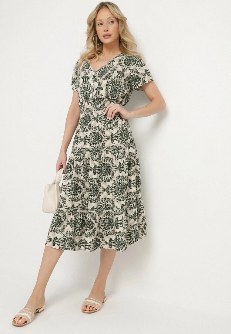 defox Rochie Verde închis de bumbac cu croi evazat cu elastic în talie Desilona