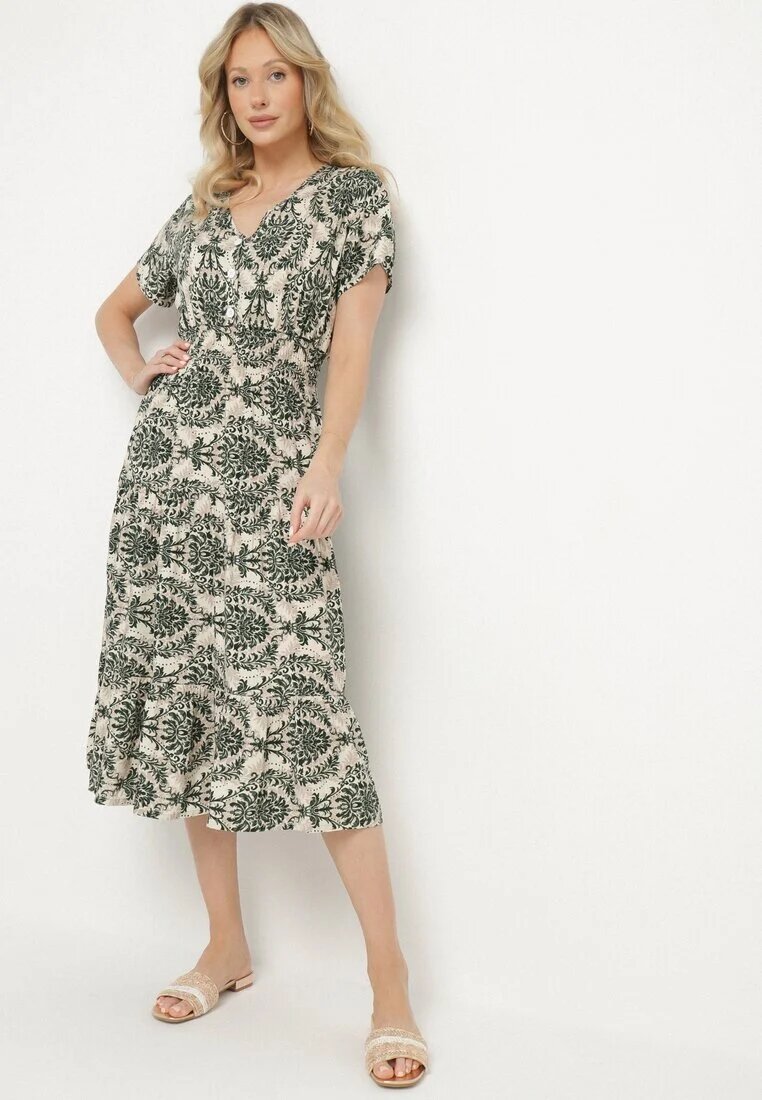 defox Rochie Verde închis de bumbac cu croi evazat cu elastic în talie Desilona