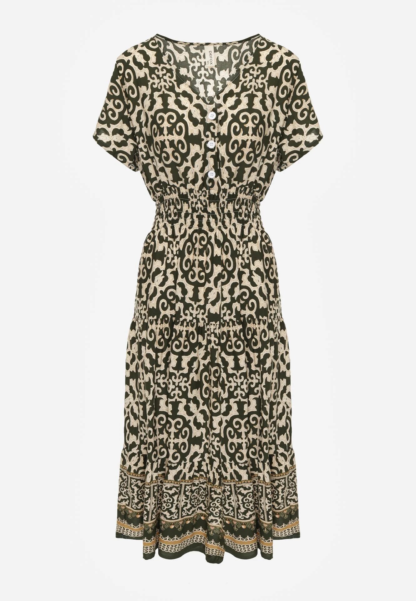 defox Rochie Verde închis din bumbac cu decolteu în V cu nasturi cu elastic în talie Kelea