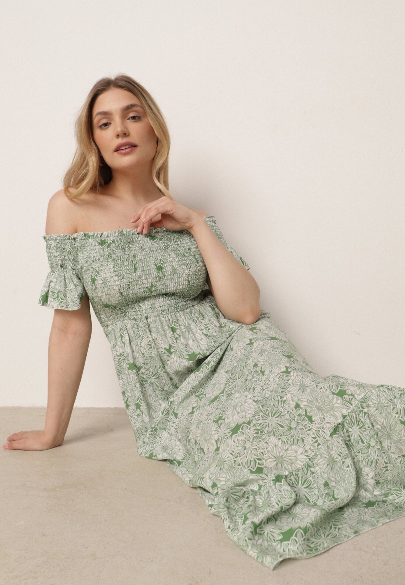 defox Rochie Verde spaniolă din Bumbac Decorată cu Volan Risalens