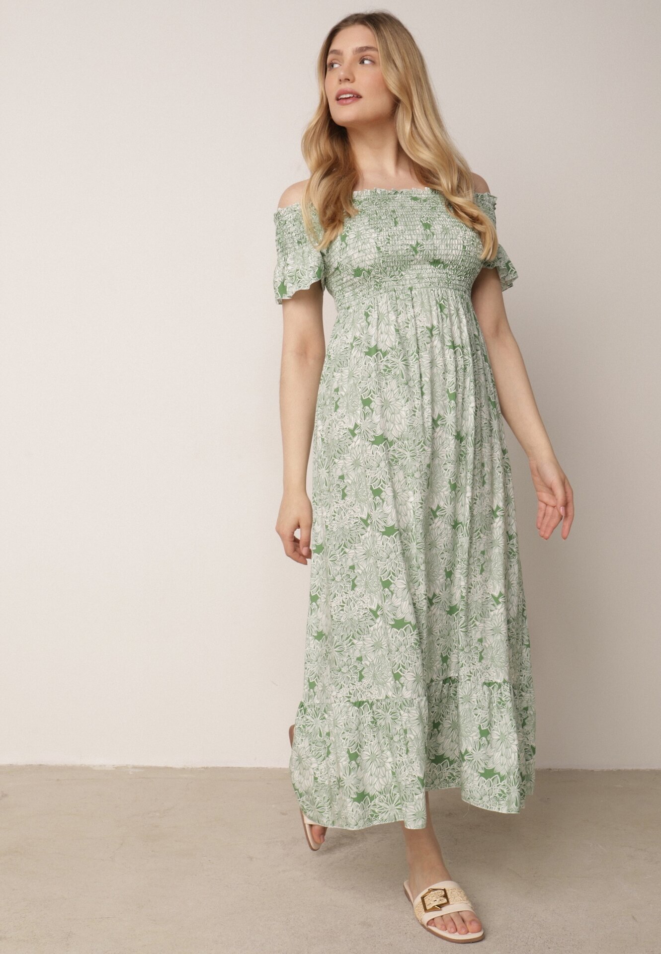defox Rochie Verde spaniolă din Bumbac Decorată cu Volan Risalens