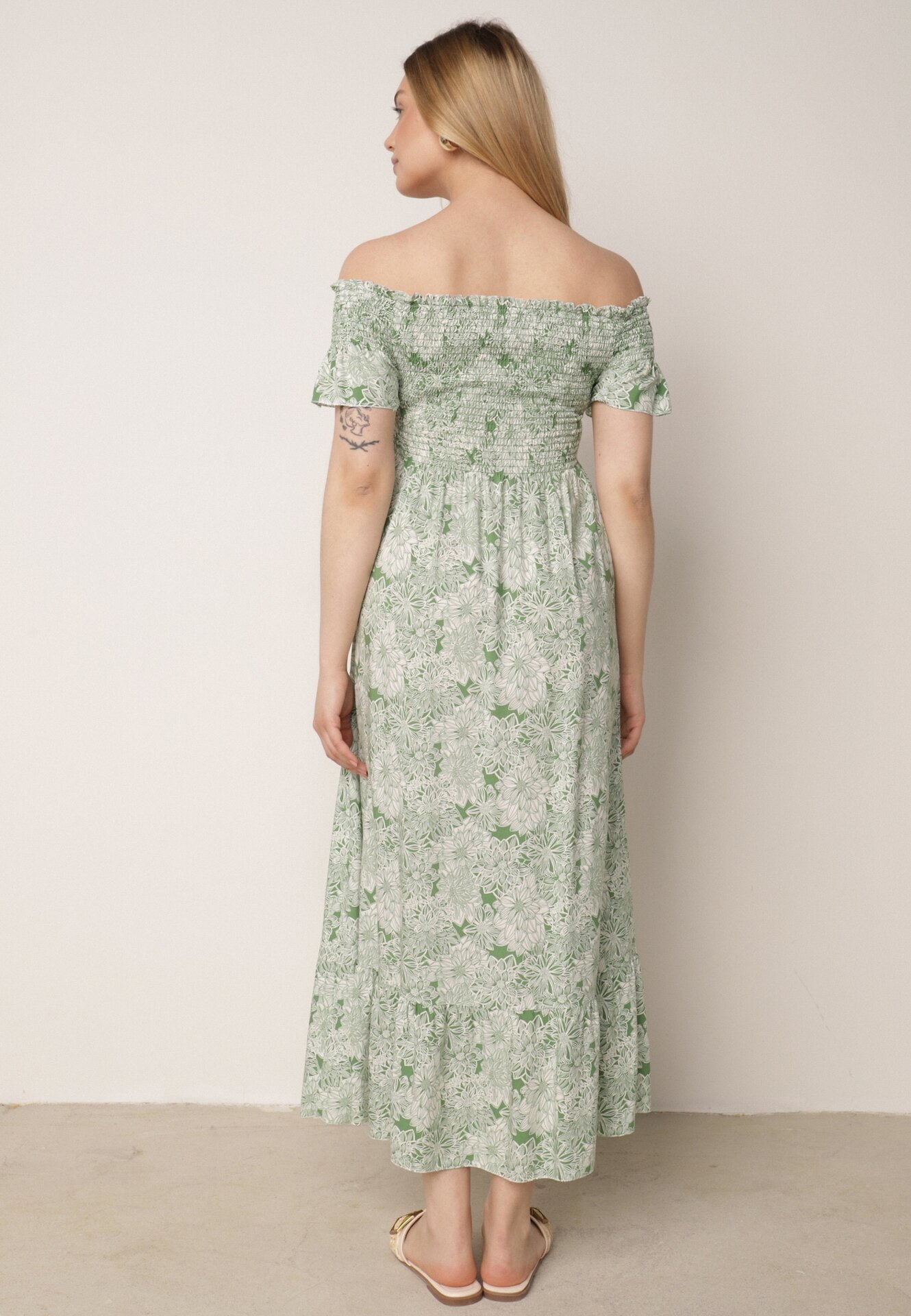 defox Rochie Verde spaniolă din Bumbac Decorată cu Volan Risalens
