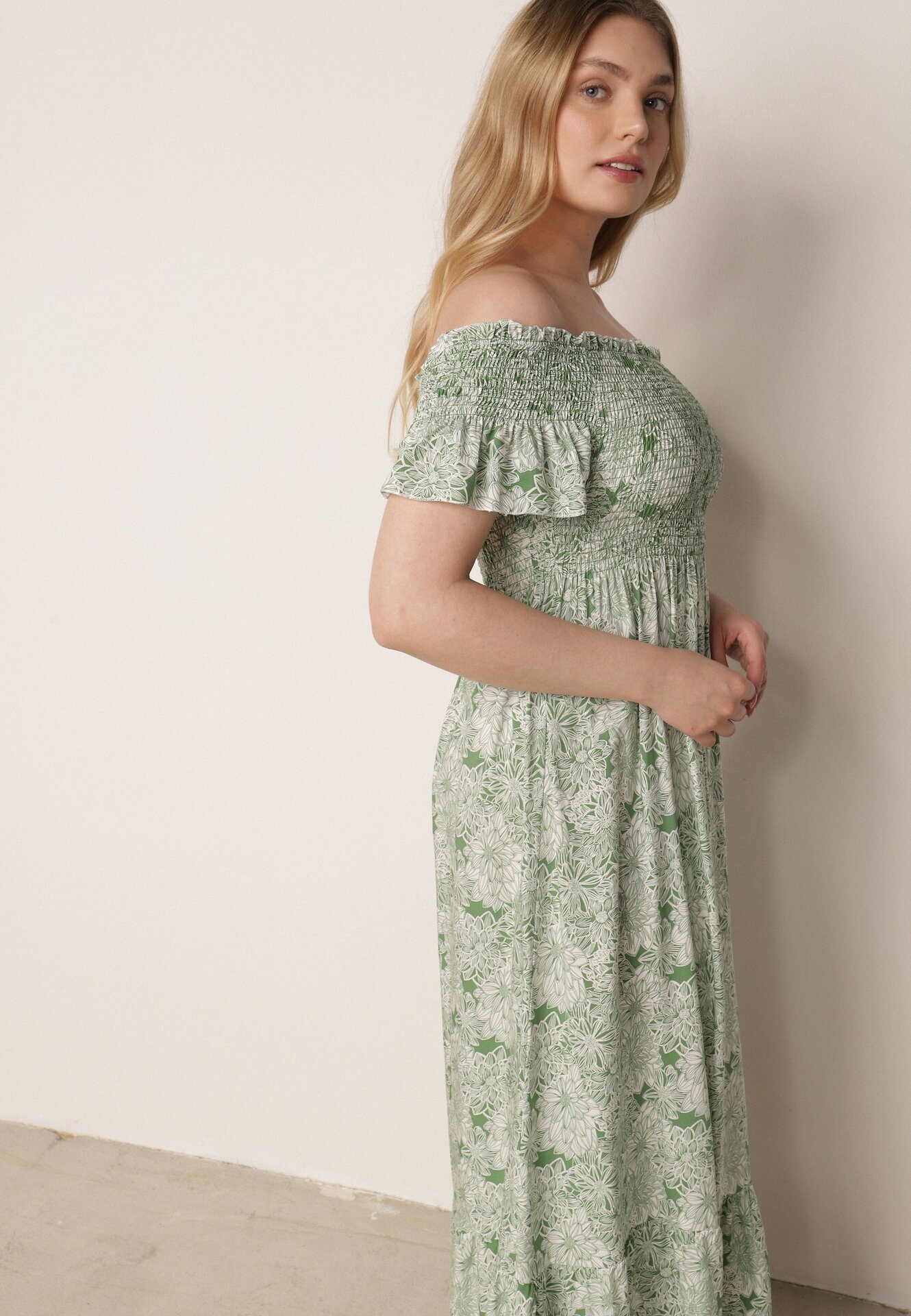 defox Rochie Verde spaniolă din Bumbac Decorată cu Volan Risalens