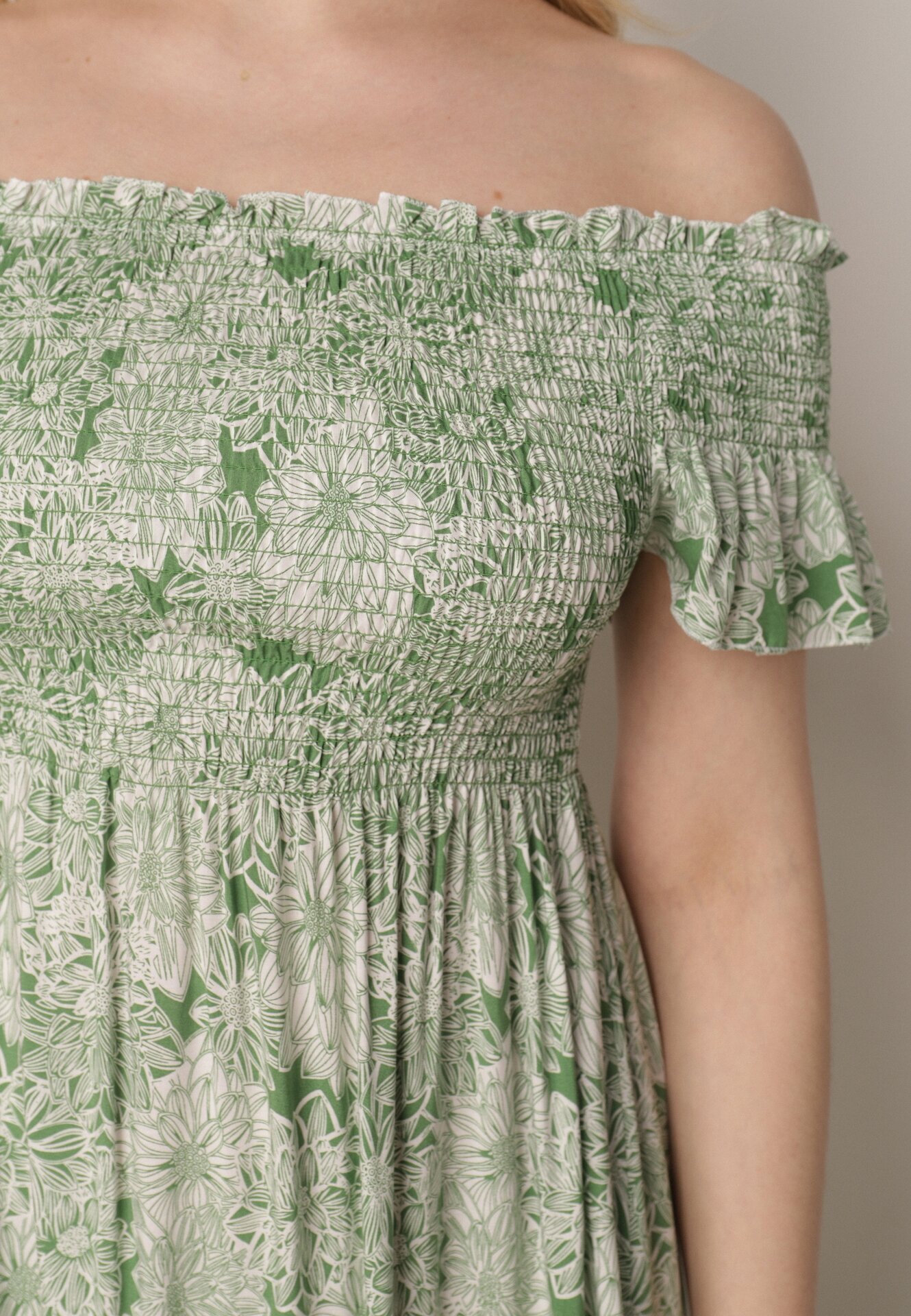 defox Rochie Verde spaniolă din Bumbac Decorată cu Volan Risalens