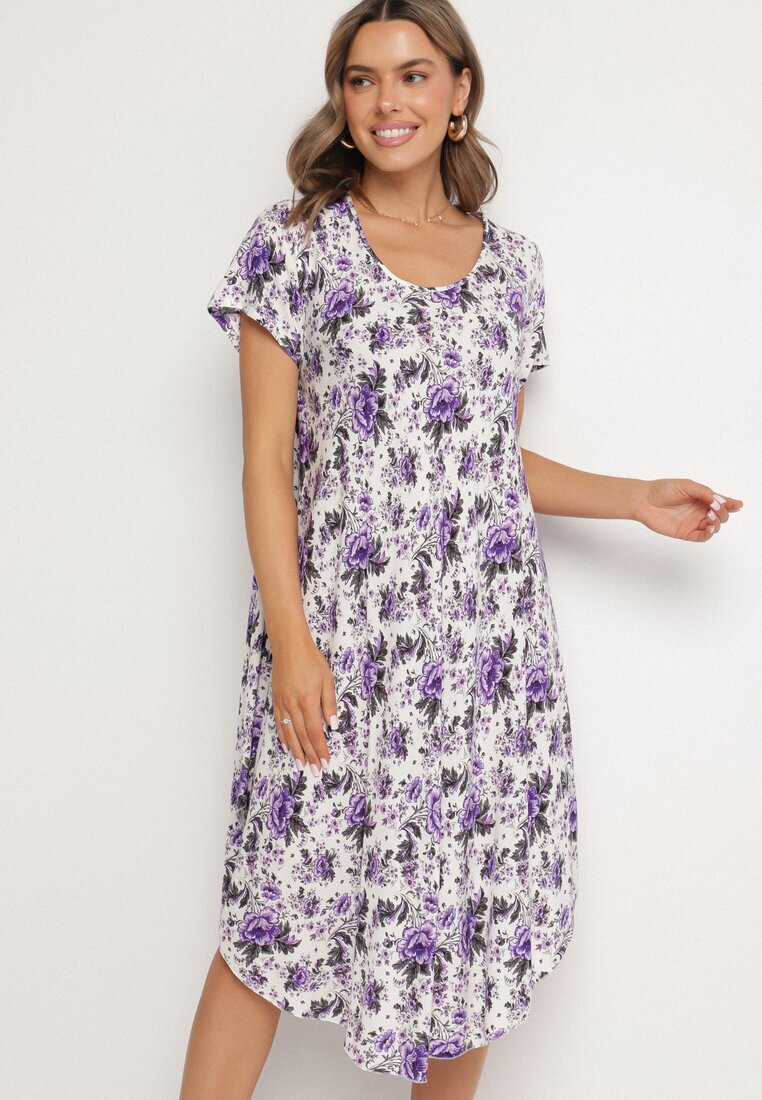 defox Rochie Violet de bumbac cu tiv asimetric cu flori Nativienne