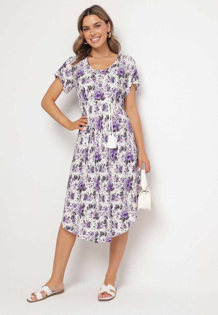 defox Rochie Violet de bumbac cu tiv asimetric cu flori Nativienne