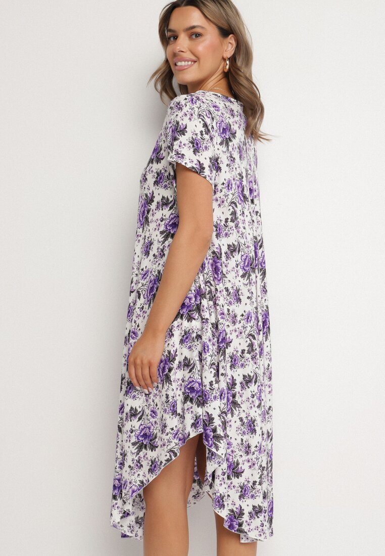 defox Rochie Violet de bumbac cu tiv asimetric cu flori Nativienne