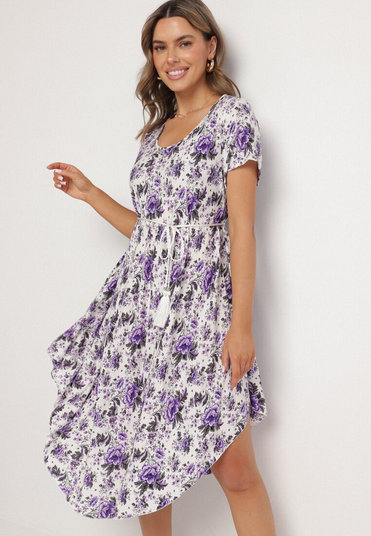 defox Rochie Violet de bumbac cu tiv asimetric cu flori Nativienne