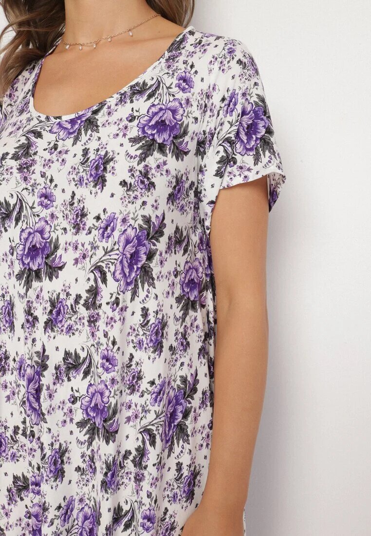 defox Rochie Violet de bumbac cu tiv asimetric cu flori Nativienne