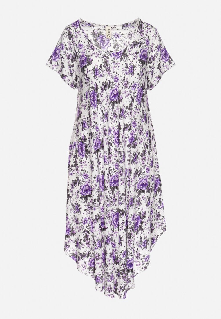 defox Rochie Violet de bumbac cu tiv asimetric cu flori Nativienne