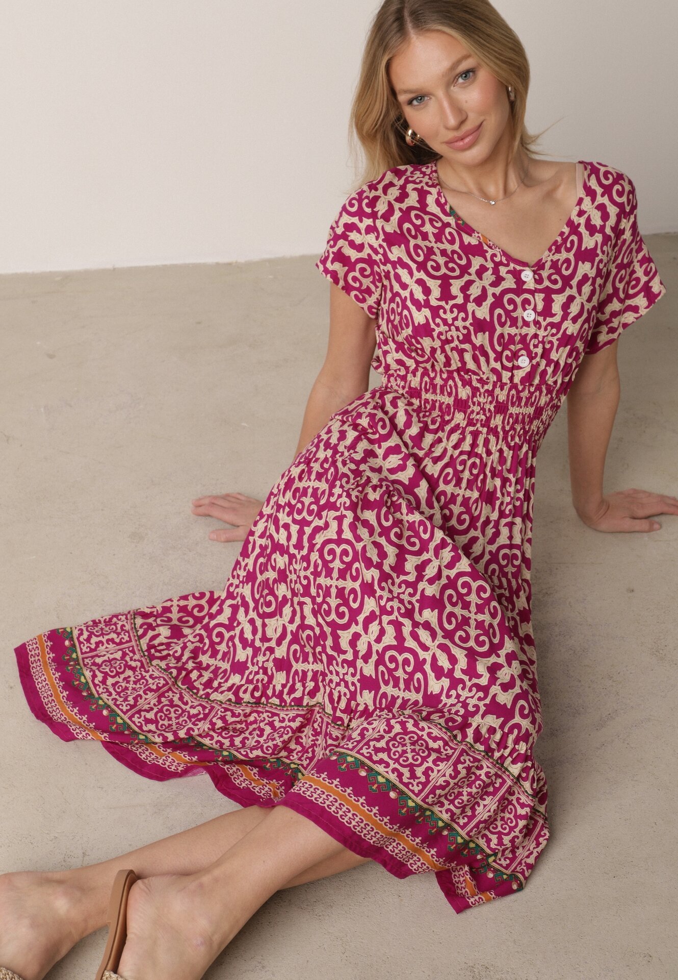 defox Rochie violet din bumbac cu decolteu în V închisă cu nasturi cu elastic în talie Kelea
