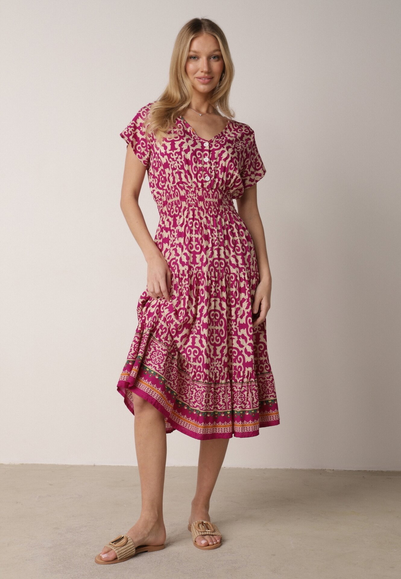 defox Rochie violet din bumbac cu decolteu în V închisă cu nasturi cu elastic în talie Kelea
