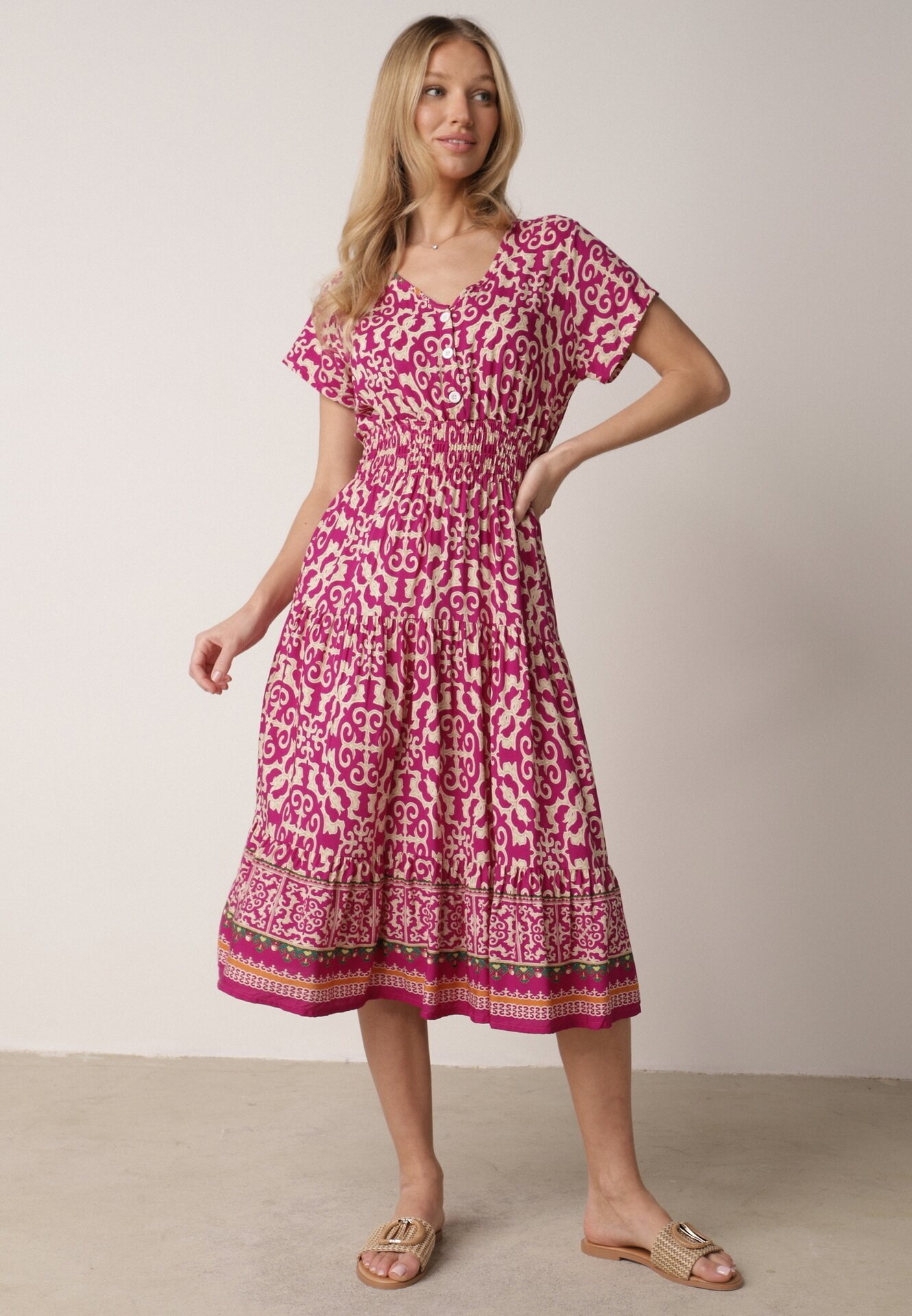 defox Rochie violet din bumbac cu decolteu în V închisă cu nasturi cu elastic în talie Kelea