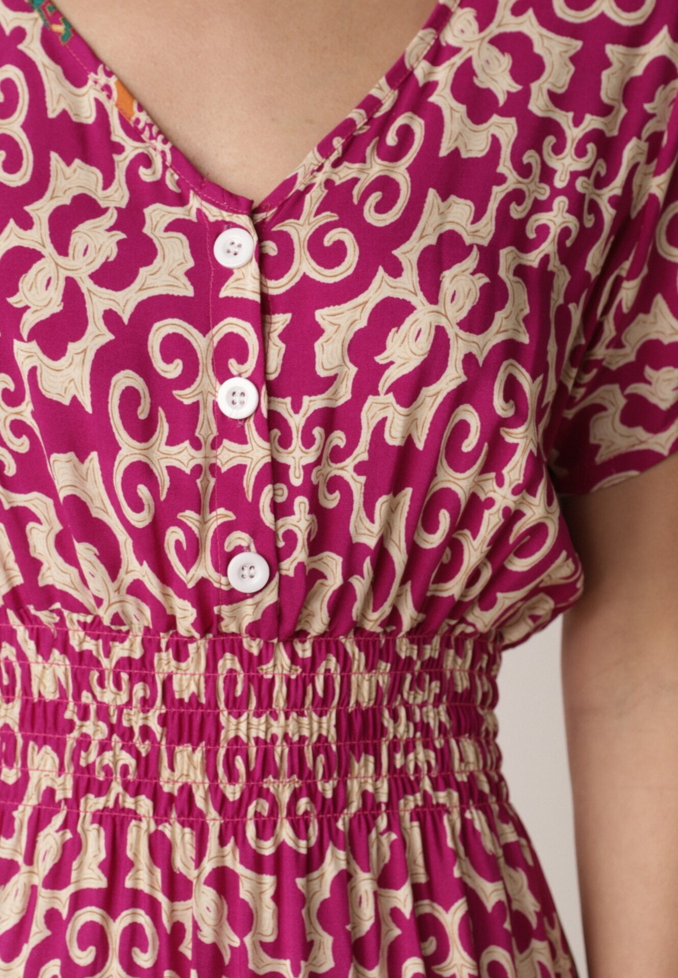 defox Rochie violet din bumbac cu decolteu în V închisă cu nasturi cu elastic în talie Kelea