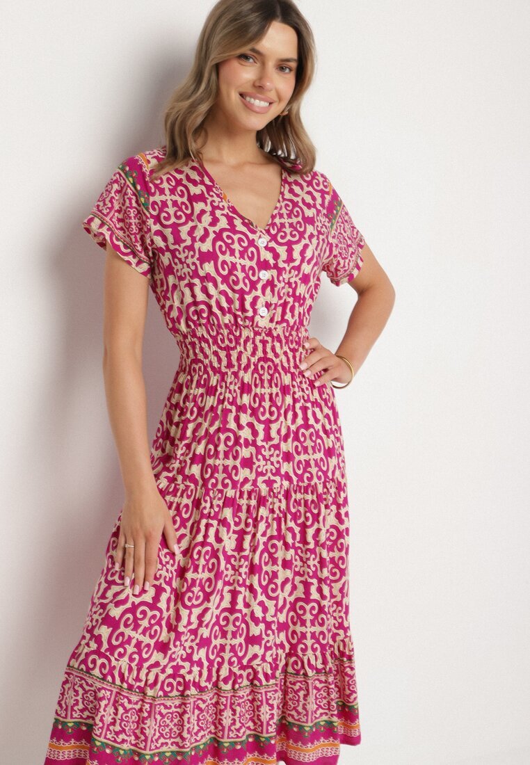defox Rochie Violetă din Bumbac cu nasturi și cu model ornamental Zisselle