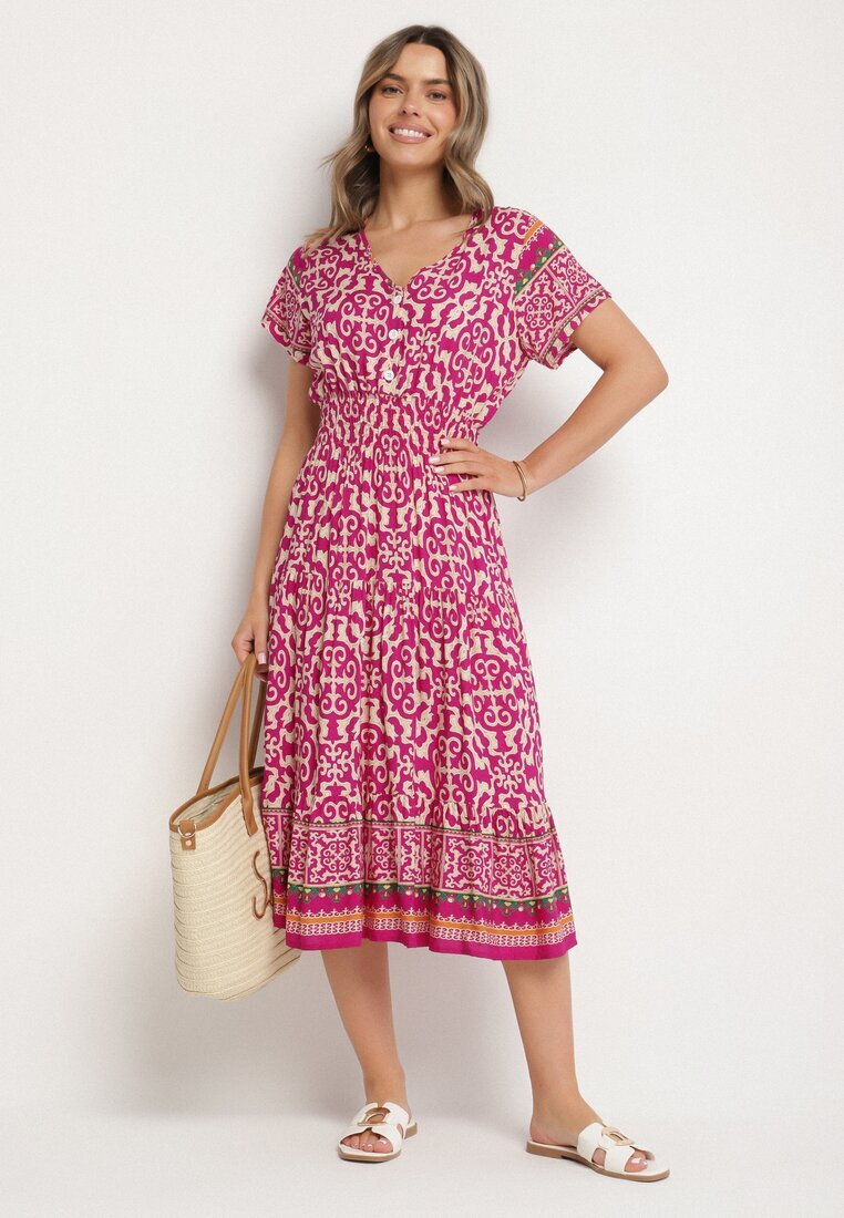 defox Rochie Violetă din Bumbac cu nasturi și cu model ornamental Zisselle