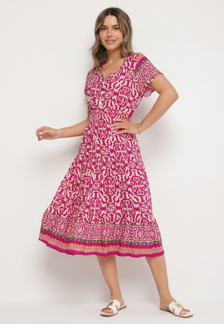 defox Rochie Violetă din Bumbac cu nasturi și cu model ornamental Zisselle