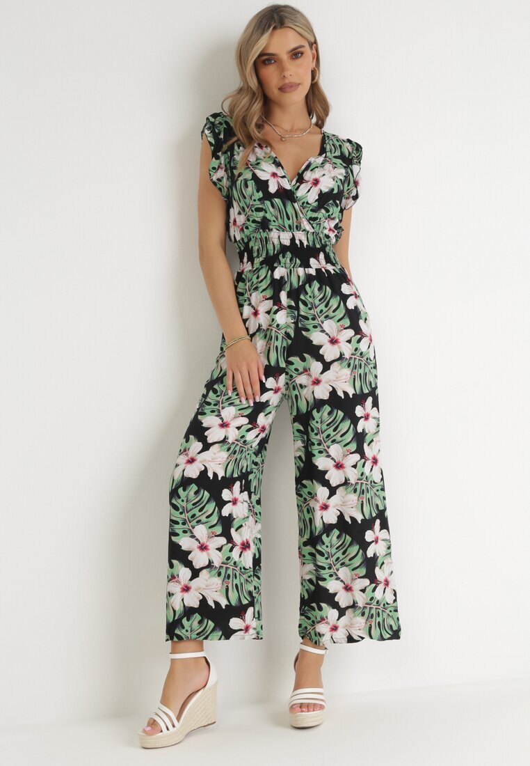 defox Salopetă din bumbac negru-verde cu pantaloni lungi cu imprimeu floral Daina