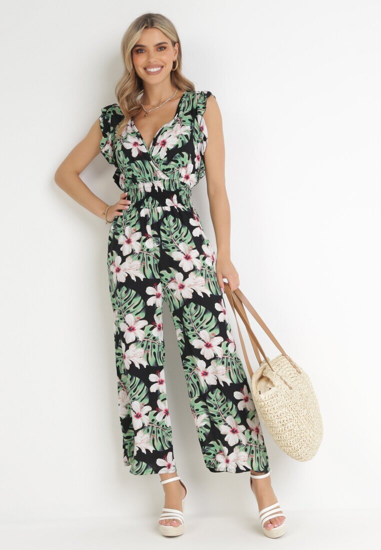 defox Salopetă din bumbac negru-verde cu pantaloni lungi cu imprimeu floral Daina