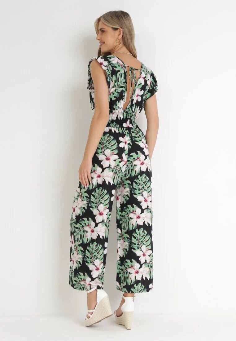 defox Salopetă din bumbac negru-verde cu pantaloni lungi cu imprimeu floral Daina