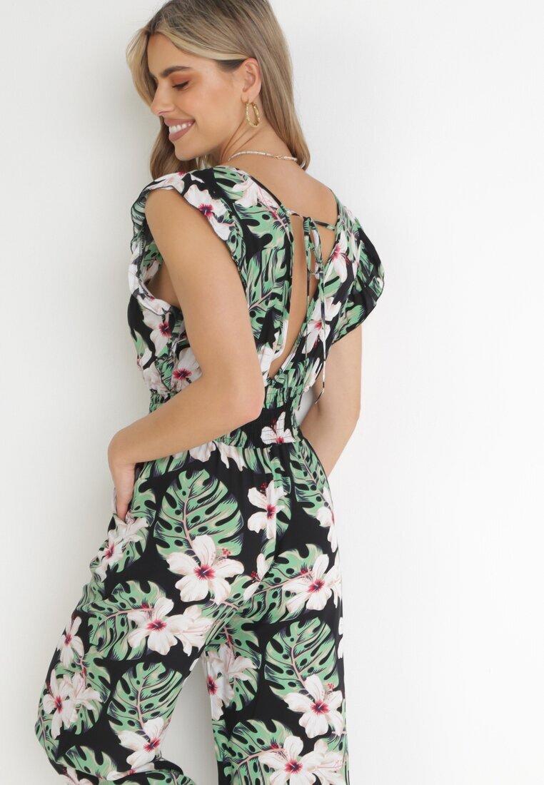 defox Salopetă din bumbac negru-verde cu pantaloni lungi cu imprimeu floral Daina