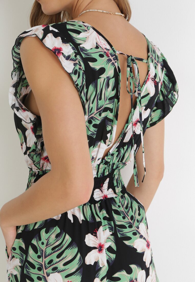 defox Salopetă din bumbac negru-verde cu pantaloni lungi cu imprimeu floral Daina