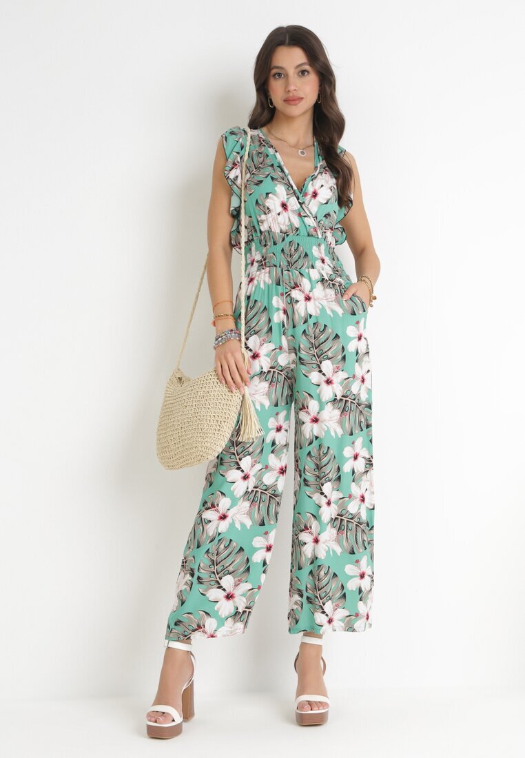 defox Salopetă Mentă din Bumbac cu Pantaloni Lungi cu Imprimeu Floral Daina
