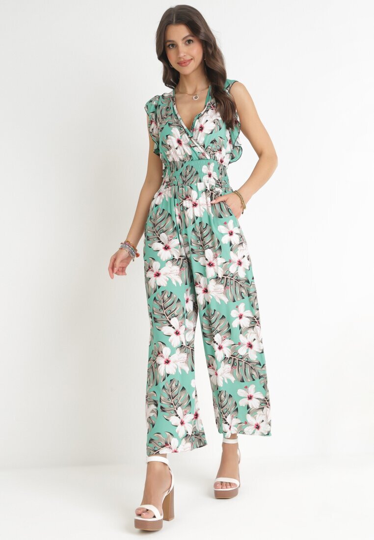 defox Salopetă Mentă din Bumbac cu Pantaloni Lungi cu Imprimeu Floral Daina