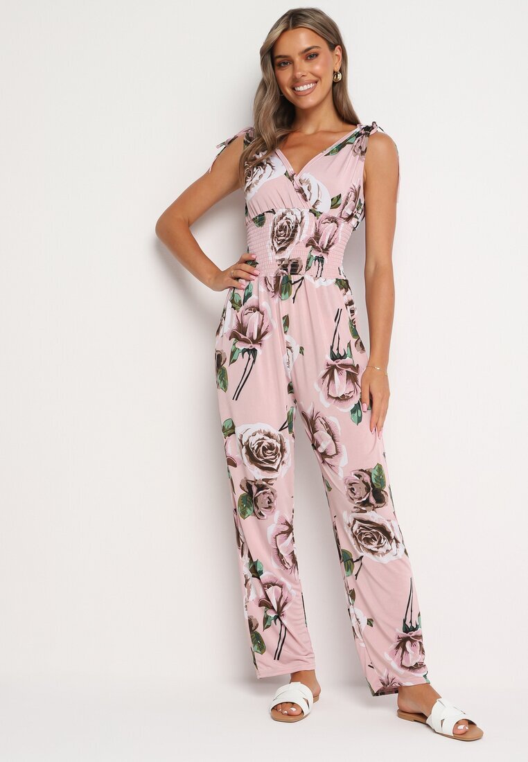 defox Salopetă roz pal cintrată florală cu picioare lungi Renivia