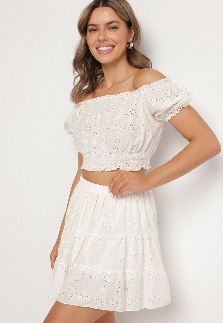 defox Set Bej deschis Perforat din bumbac Top cu mânecă scurtă Fustă cu elastic în talie Efirie