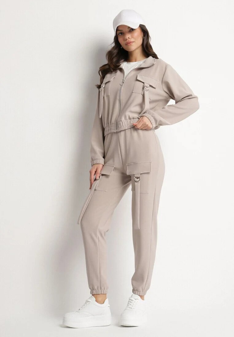 defox Set de trening bej Bluză cu fermoar și Pantaloni slim stil utility Telavienna