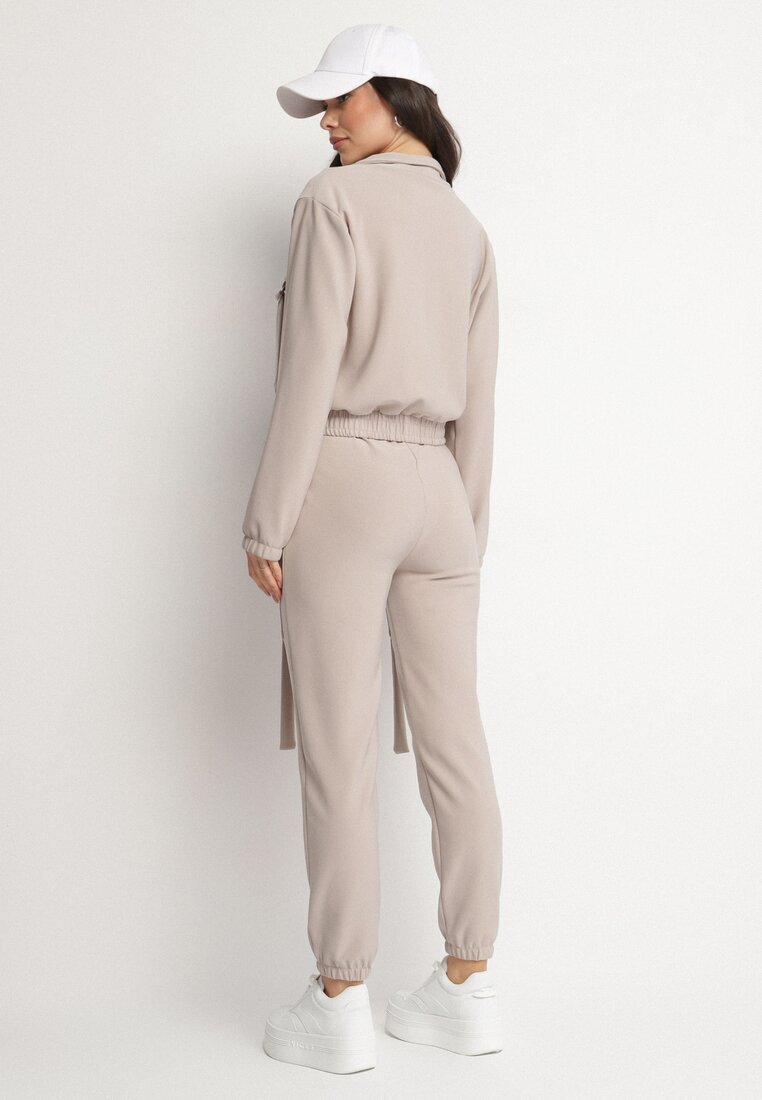 defox Set de trening bej Bluză cu fermoar și Pantaloni slim stil utility Telavienna