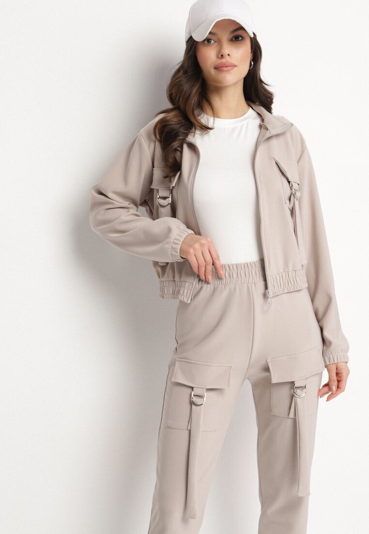 defox Set de trening bej Bluză cu fermoar și Pantaloni slim stil utility Telavienna