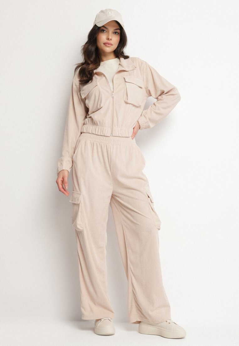 defox Set de Trening Bej deschis Stil cargo Bluză cu guler înalt și Pantaloni Largi Arritarra