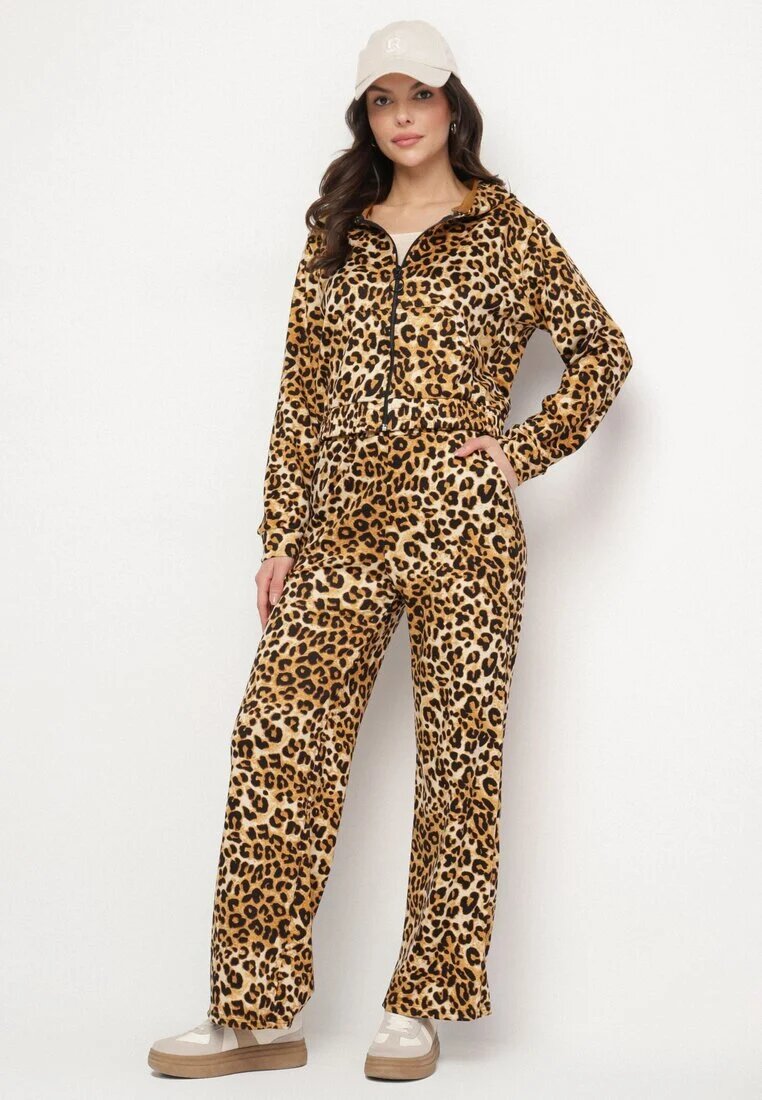 defox Set de trening maro deschis cu imprimeu leopard Bluză cu glugă și Pantaloni largi Virhiris