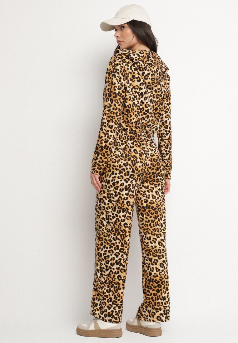 defox Set de trening maro deschis cu imprimeu leopard Bluză cu glugă și Pantaloni largi Virhiris