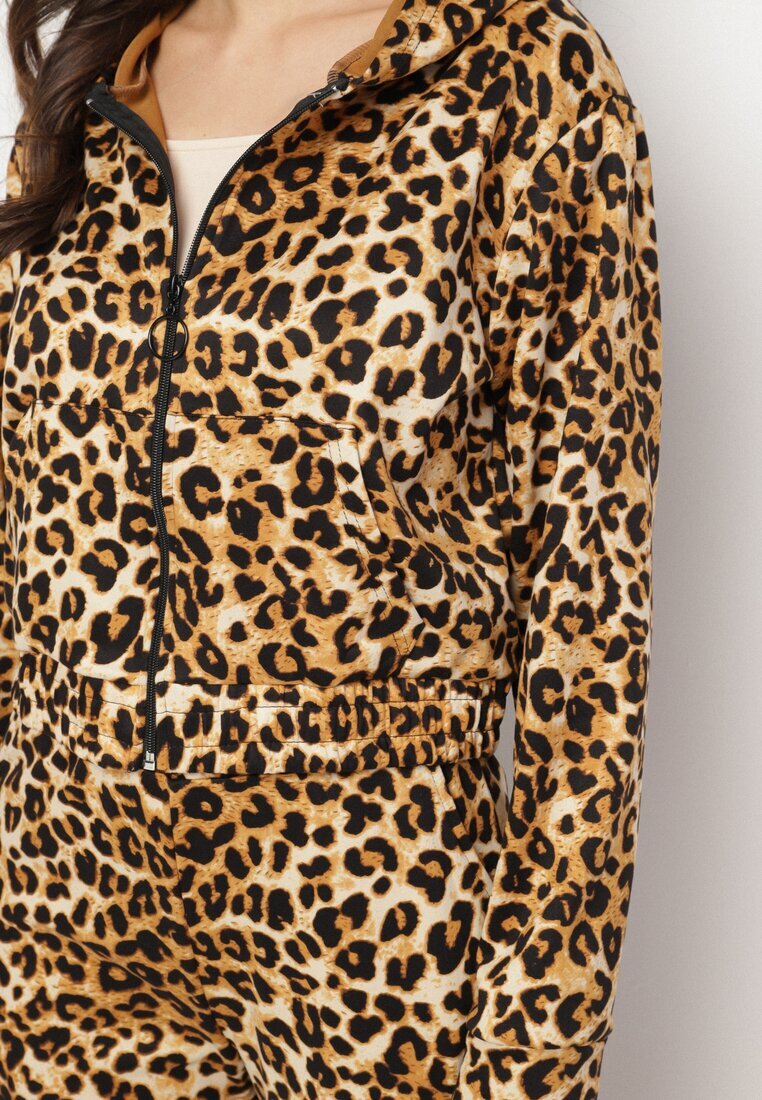 defox Set de trening maro deschis cu imprimeu leopard Bluză cu glugă și Pantaloni largi Virhiris