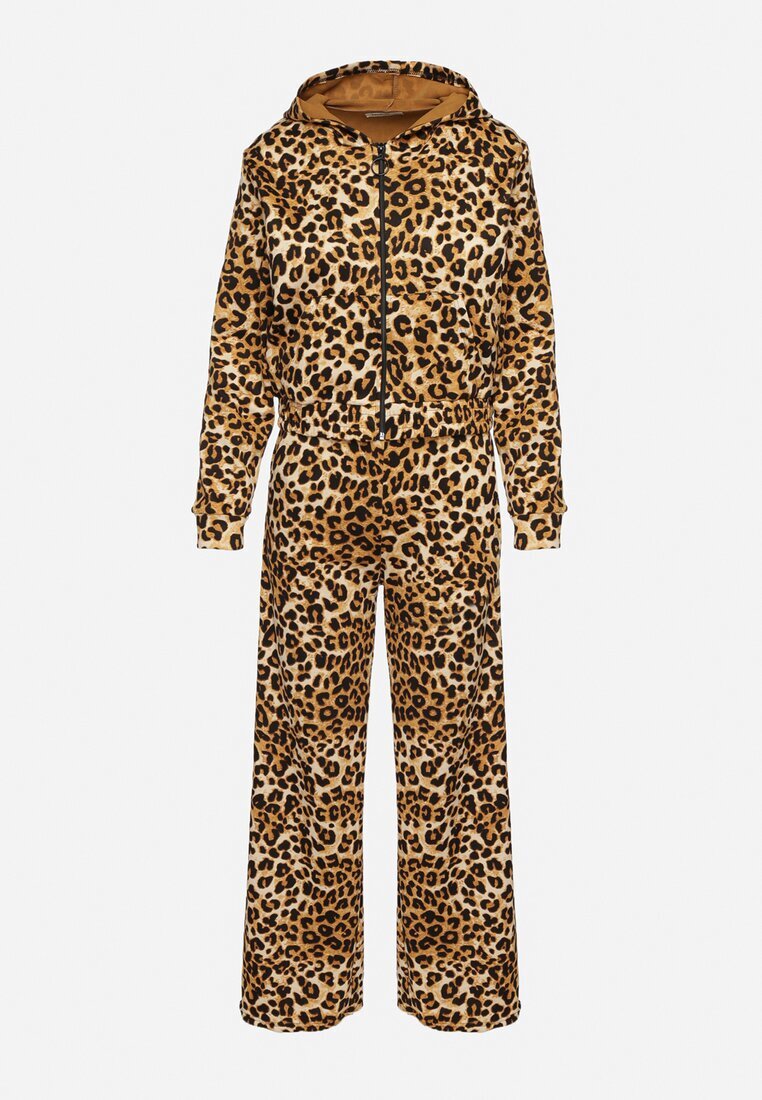 defox Set de trening maro deschis cu imprimeu leopard Bluză cu glugă și Pantaloni largi Virhiris