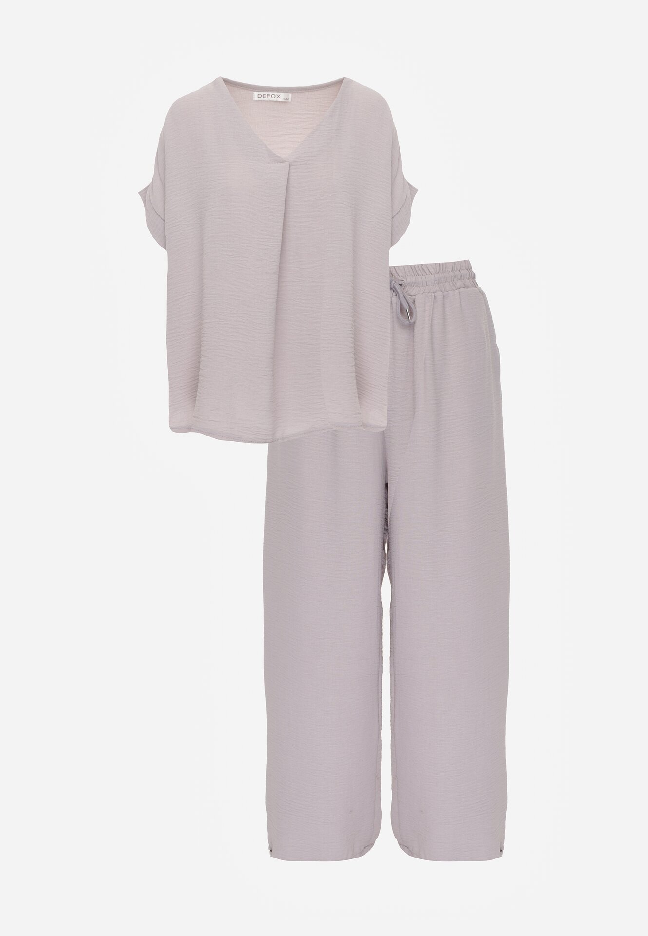defox Set Gri deschis din Viscoză Tricou cu Mânecă Scurtă și Pantaloni Largi cu Elastic cu Buzunare Efraline